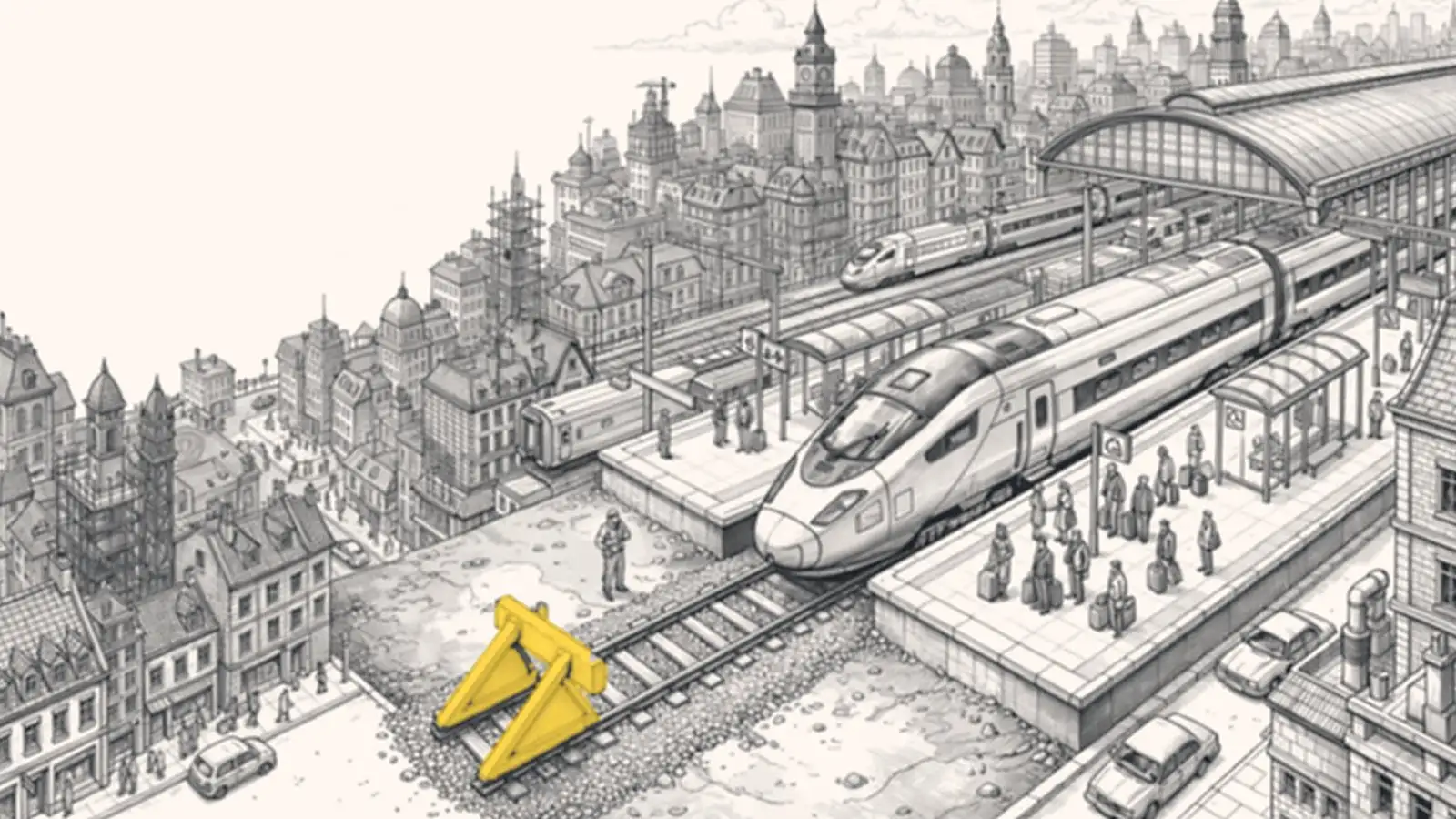 Hand-inked city station in graphite ink: a high-speed train waits at the platform with passengers, and a yellow buffer stop marks the end of the track. Production-ready starts at every story.
