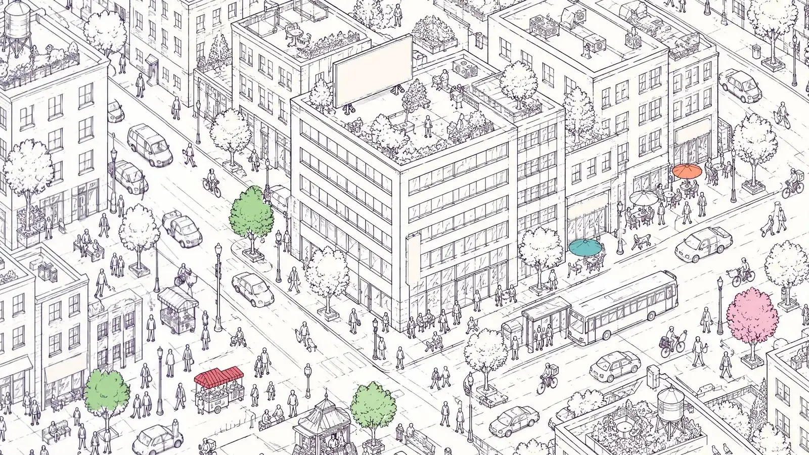 Ink isometric drawing of the Viaknox city news district — an office block with a blank rooftop billboard above a busy corner with a newsstand kiosk, a food cart and a bus stop