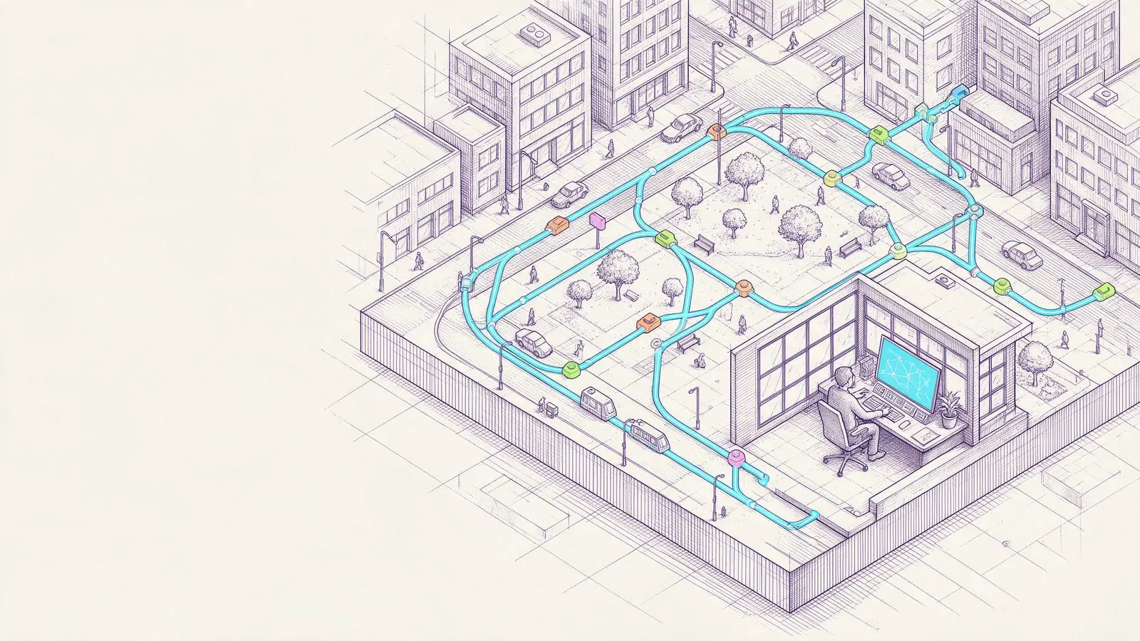 Ink isometric drawing of a city block where an aqua track links a dozen small stations into a graph, with one operator approving a route at a desk