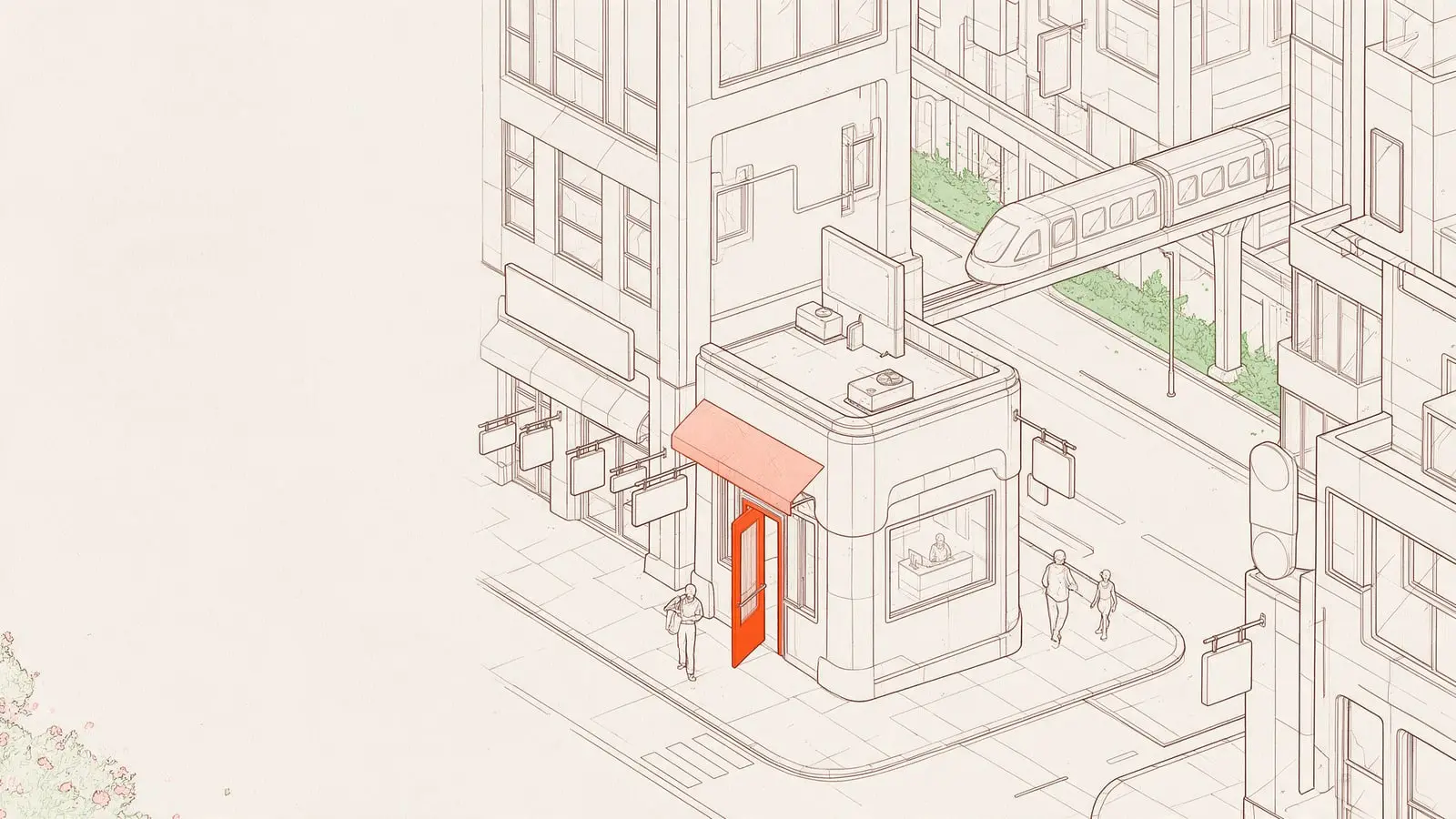 Ink isometric drawing of a small corner building with its orange front door open, a person at the desk inside and a monorail passing behind