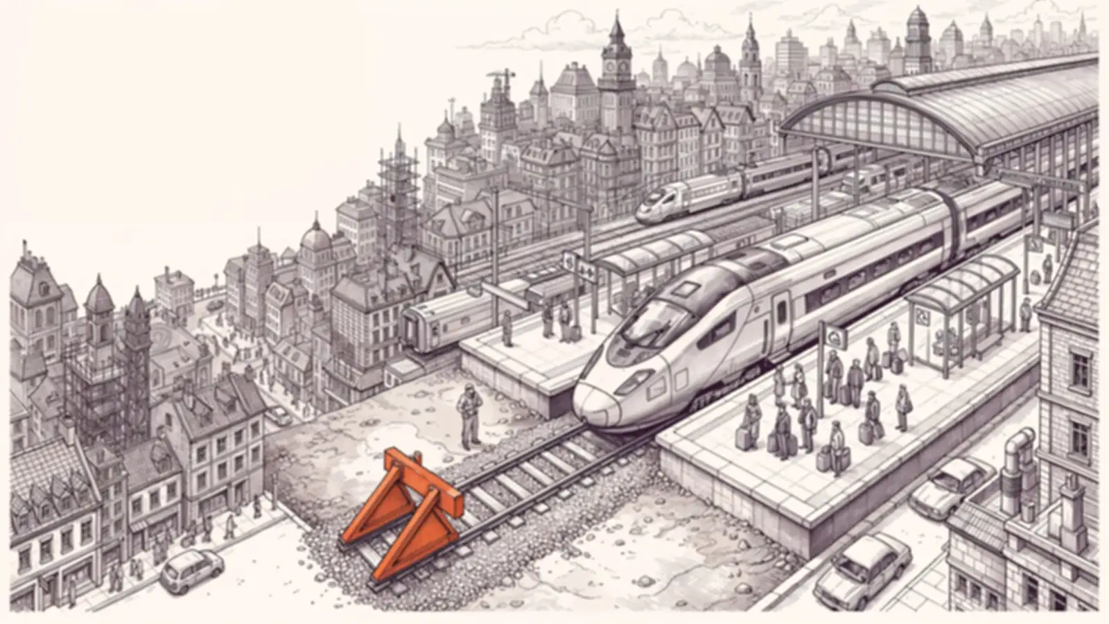 Hand-inked city scene: a brand-new high-speed train waits at a station platform with passengers ready to board, but the track ends a few metres past the platform at an orange buffer stop. Fast to build, slow to ship.